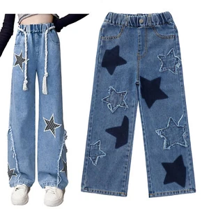 Kid Girls Stra Print Elastic Waist Baggy Wide Straight Leg Ripped Denim Jeans - Picture 1 of 34