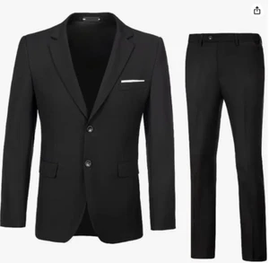 Wehilion Herren Anzug Slim Fit Schwarz 2 Teiler M 40R 32W 2 Knopf Kerb Revers - Bild 1 von 4