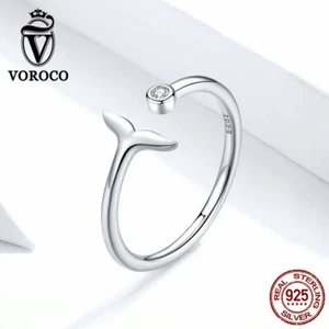 Voroco Fashion 925 Sterling Silver Fish Tail Open Ring Party Adjustable Wedding - Imagen 1 de 12