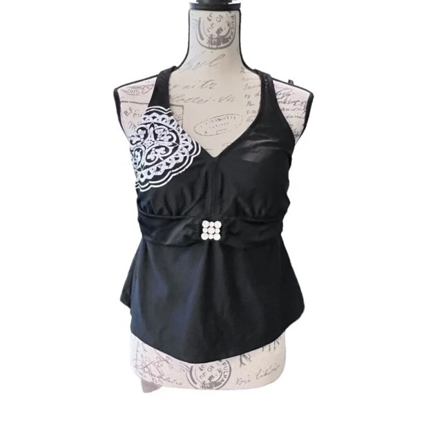 Tankini Halter Tankini Desteñido Glory Negro Sin Espalda Frontal Metal Decoración Talla 1X Foto 1 de 4