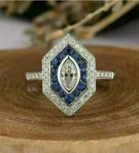 Fede Nuziale Stile Art Decò Creata in Laboratorio Diamante Zaffiro Finitura Oro Bianco 14K - Foto 1 di 10