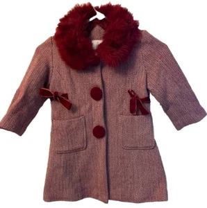 LONDON FOG LITTLE GIRLS COAT Dress Jacket Red Bows Lined Red Faux Fur Trim 4T - Picture 1 of 14