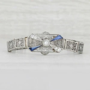 Art Déco Sintético Diamante Zafiro Filigrana Pulsera Platino 14k Oro 16.5cm - Imagen 1 de 7