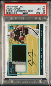 Panini One Patch 2019 azul automático #5 Josh Jacobs Rookie RC 74/99 PSA 10 - Imagen 1 de 3