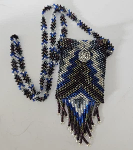 Vintage Handmade Glass Bead Tiny Pouch Medicine Bag Blue White Brown Necklace - Picture 1 of 5
