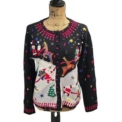 Hampshire Studio Ugly Christmas Cardigan Sweater Beaded Felt Appliqués Women's M - Image 1 of 4