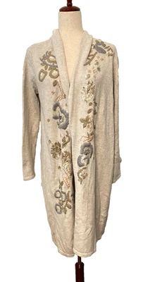 Chico's Womens 1 Long Camel Wool Cardigan Sweater Embroidered Sequins Floral - Изображение 1 из 4