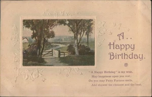 Happy Birthday Landschaft mit Tor Poetischer Vers Poesie Antik Vintage Postkarte - Bild 1 von 2