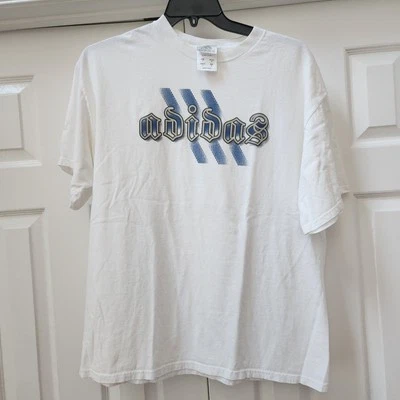 Adidas White Spell Out Blue Three Stripe Logo Men's LARGE Tee Shirt T-shirt 00s - Image 1 of 4