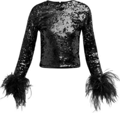 ALICE + OLIVIA DELAINA TOP RIBETE PLUMA ADORNADO LENTEJUELAS NEGRO TALLA XS-NUEVO CON ETIQUETAS Foto 1 de 4