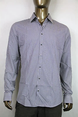 New Auth Gucci Mens Blue/White Stripe Skinny Formal Dress Shirt 307641 9040 - Image 1 of 4