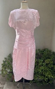 Vtg Young Edwardian Satin Pink Dress Ruch Waist Pad Shoulder M - Picture 1 of 9