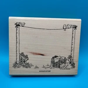 Stampin Up Clothesline Sleeping Kitty Cat Laundry Basket Wood Rubber Stamp - Picture 1 of 8
