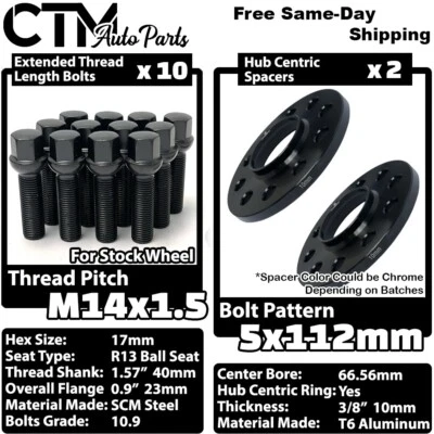 2x 10mm Thick 5x112 66.56mm CB Wheel Spacer Black Bolt Audi & Macan Stock Wheels - Image 1 of 4