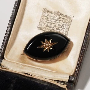 Antique Victorian Onyx Pearl Mourning Locket Brooch 15ct & 9ct Gold Navette Star - Picture 1 of 11