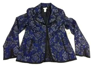 Laura Ashley Women's Black Blue Gold Metallic Frost Hook & Eye Jacket /Blazer S - Picture 1 of 12