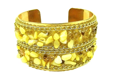 Wide Gold Cuff tBracelet with Genuine Shell Glass Beads Rope Chain Design NEW - Image 1 of 4