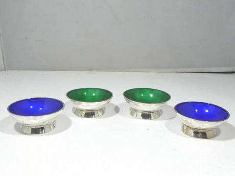 4 MEXICAN STERLING SILVER AND ENAMEL SALTS 4.25 TOZ W 2 SALT SPOONS Cover