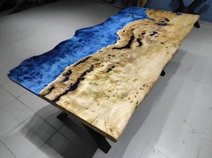 Custom Dining Table | Resin & Poplar Wood Dining Table | Live Edge Epoxy River T - Picture 1 of 11