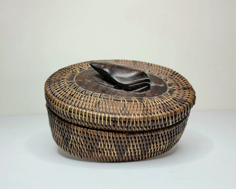 Vintage Lombok Island Indonesia woven basket Rattan carved wood frog Cover