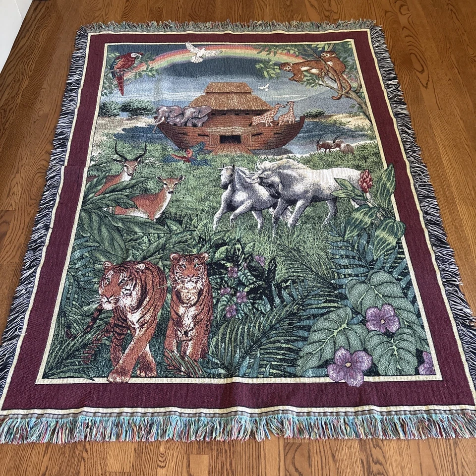 Manta tejida tapiz arca de Noé vintage 48" x 63" Foto 1 de 4