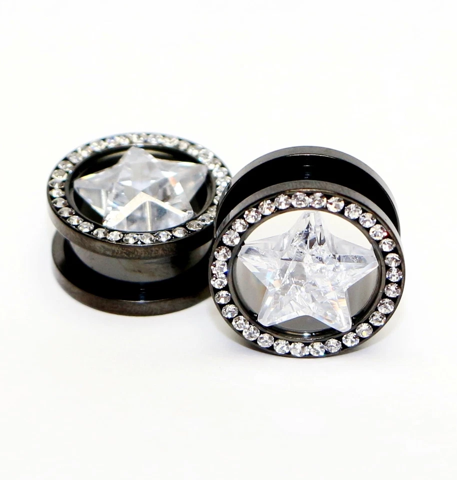 Black Star con piedra transparente Túneles de oreja Enchufe Medidores de acero quirúrgico Doble acampanado Foto 1 de 1