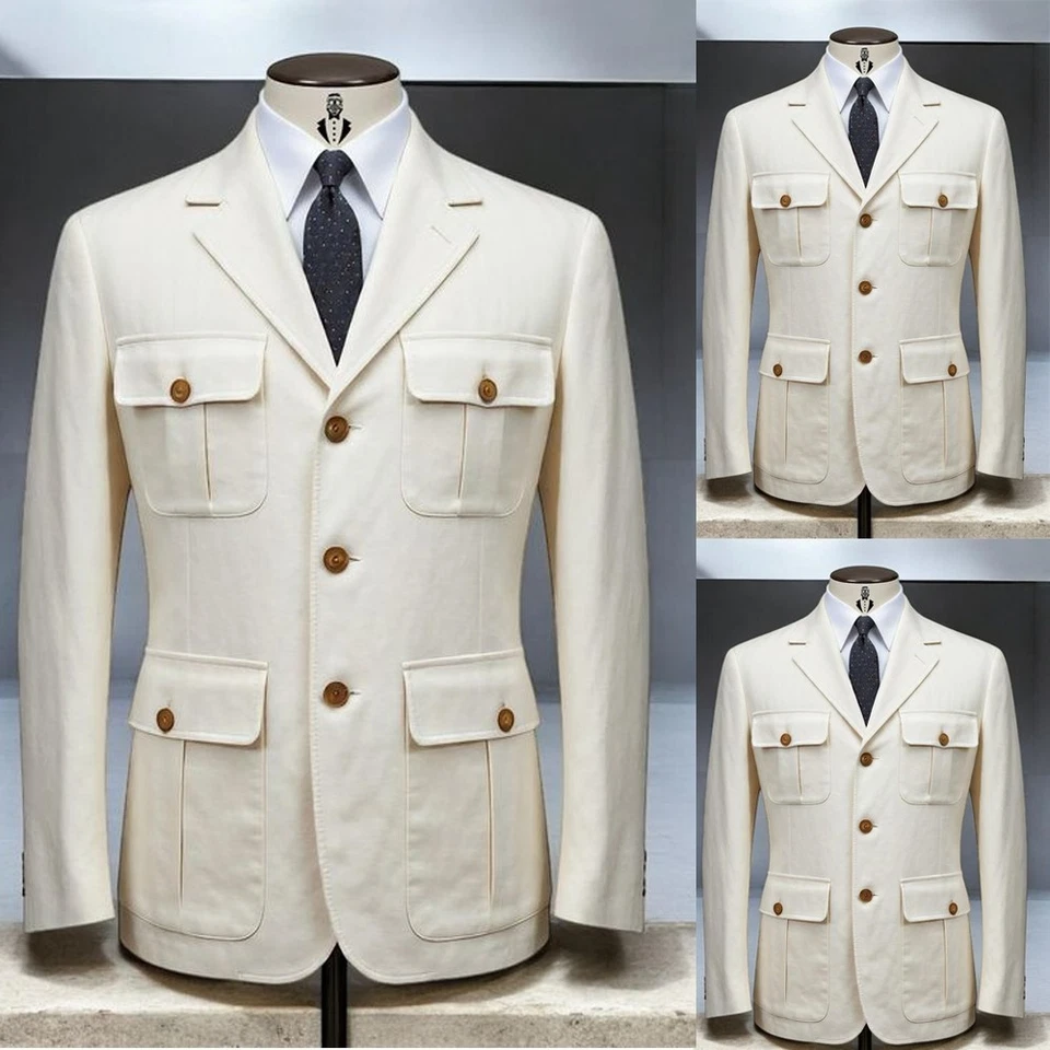 Trajes de safari vintage beige para hombre chaqueta varios bolsillos exterior caza abrigo pantalón Foto 1 de 4