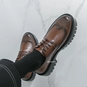 New Leather Shoes Mens Autumn Men Business Leisure Brogue British Wedding Shoes - Picture 1 of 25