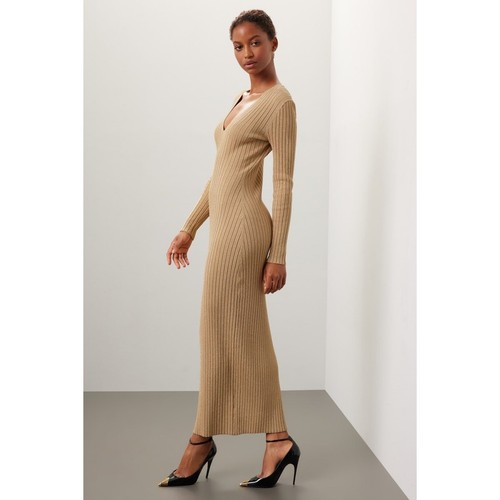 Abito midi RTR MICHAEL KORS marrone oro metallizzato xs 0 2 maglione scollo a V a costine