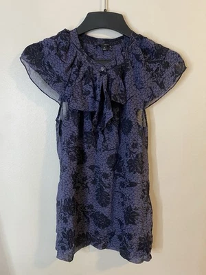 Ann Taylor 100% Silk Purple Floral Formal Ruffle Sheer Sleeveless Medium - Image 1 of 4