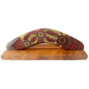 10" / 25cm BOOMERANG + STAND - HARDWOOD - YELLOW, RED - ABORIGINAL, AUSTRALIA - Imagen 1 de 3