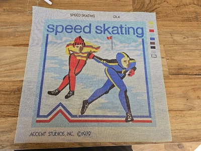 Vintage 1979 Needlepoint Canvas Speed Skating Ice Winter 14" X 14"  - Image 1 of 4