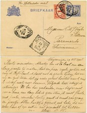 NETHERLANDS to SURINAME DWI 1908 UPRATED STATIONERY MARITIME SHIP OVAL POSTMARKS