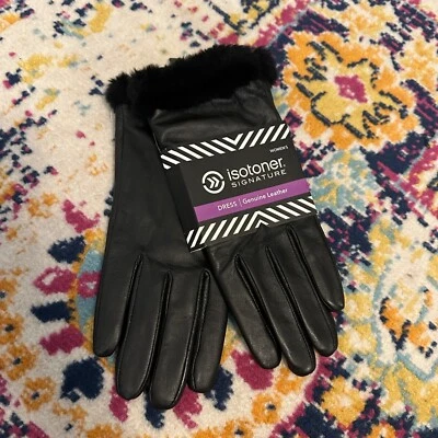Isotoner Womens Signature Dress Leather Gloves Size 8 Large Faux Fur Black NEW - Image 1 of 4