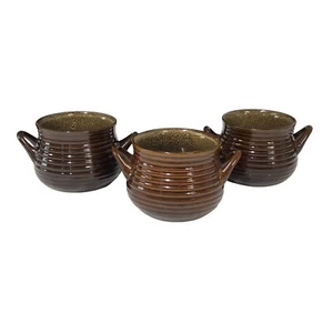 3 Crate & Barrel Soup Pot Bean Chili Crock Handles Stoneware Brown Ribbed Hive - Picture 1 of 8