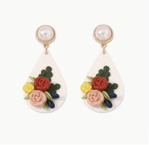 Flower Earrings Zara Resin Floral Rose Bouquet Teardrop Stud Pearl Boho - Picture 1 of 7