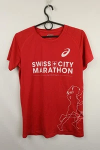 Asics Red Short Sleeve Crew Neck Swiss City Marathon Lucerne Pullover T-Shirt M - Picture 1 of 18