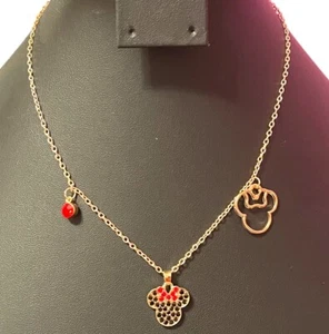 Black And Red Crystal Minnie Mouse Gold Tone Charm Necklace - Picture 1 of 5