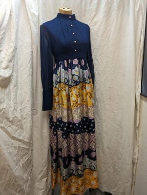 60-е темно-синий вискоза желтый лаванды синий белый ацетат макси Mod платье S - Изображение 1 из 4