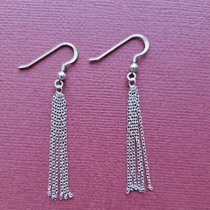 Sterling silver Tassel Chain Earrings 6 chains dangle solid 925 Long Drop Boho - Picture 1 of 2