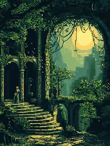 Fantasy Ruins with Green Vines and Sunset Glow Poster 18x24in - Picture 1 of 1