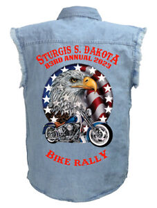 Mens Sturgis 2023 Bike Rally Motorcycle Eagle Blue Denim Biker Shirt