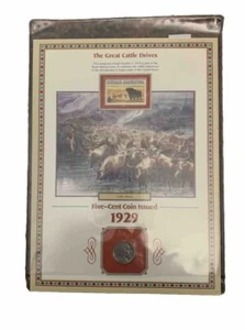 1929 Buffalo Nickel - The Great Cattle Drives - Coin & Stamp Commemorative Page - Picture 1 of 6