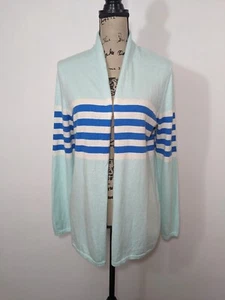 Talbots Women Mint Blue White Striped Cashmere Blend Open Front Cardigan Size M - Picture 1 of 10