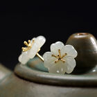 Solid 925 Stering Silver (Gold Cover) Stud Earrings White Jade Plum Blossom