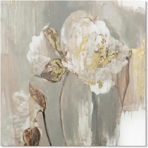 Floral Wall Art Gold Pictures White Flower Canvas with Gold Foil Embellishment P - Picture 1 of 12