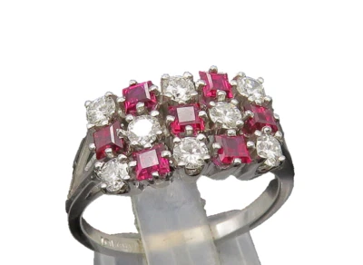 14K GOLD  Vintage Genuine Diamonds & Lab Ruby Cluster Band Ring Sz 7.75  GR157 - Image 1 of 4