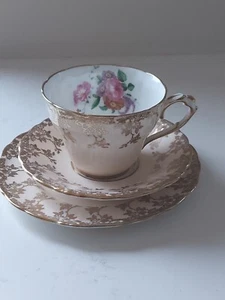 Paragon Cabbage Rose Trio Teaup Saucer Plate Double Warrant Gilded Peach - Picture 1 of 9