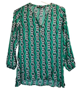 Iman Women`s Tunic Blouse Size M Green Lightweight Chain Print Elegant Classic - Picture 1 of 8