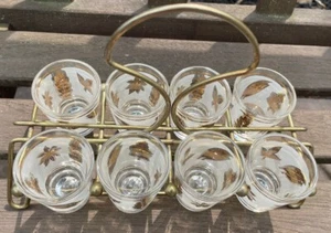 Vintage Libbey Gold Leaf Shot Glasses 8-Piece Set Frosted w/Metal Carrier - Picture 1 of 8